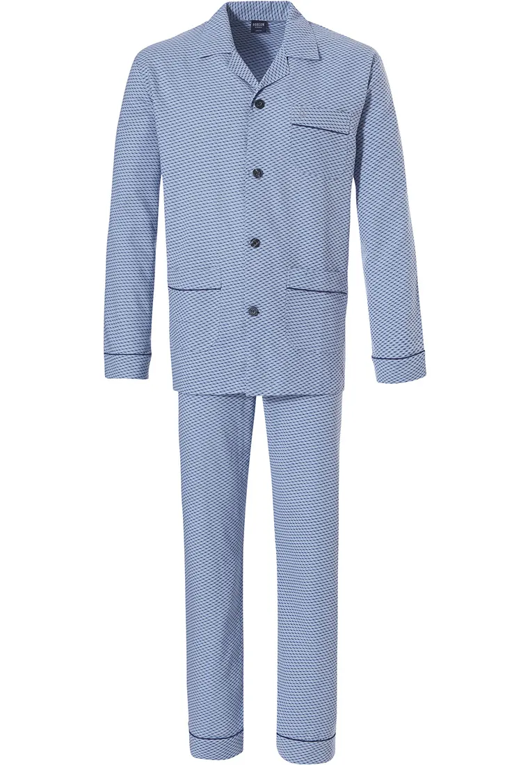 100% katoen flanellen fris blauwe doorknoop pyjama voor heren met lange bijpassende broek 'circles & squares'
