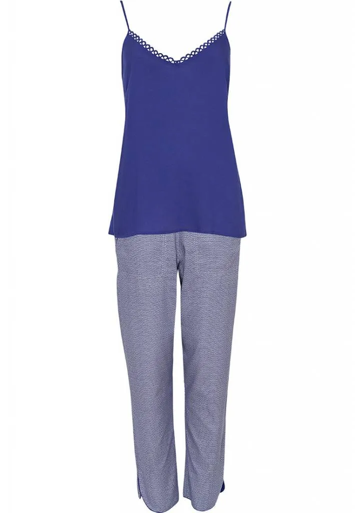 PAARSE STIPPENPRINT KATOENMODAL LANGE BROEK MET BLAUWE SPAGHETTI TOP MET VERSTELBARE BANDJES