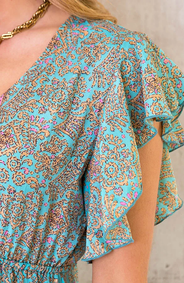 Silk Paisley Ruffle Jurk Mint