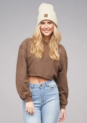 Urban Classics Dames Crop Sweater Trui met Borduursel en Ronde Hals bruin