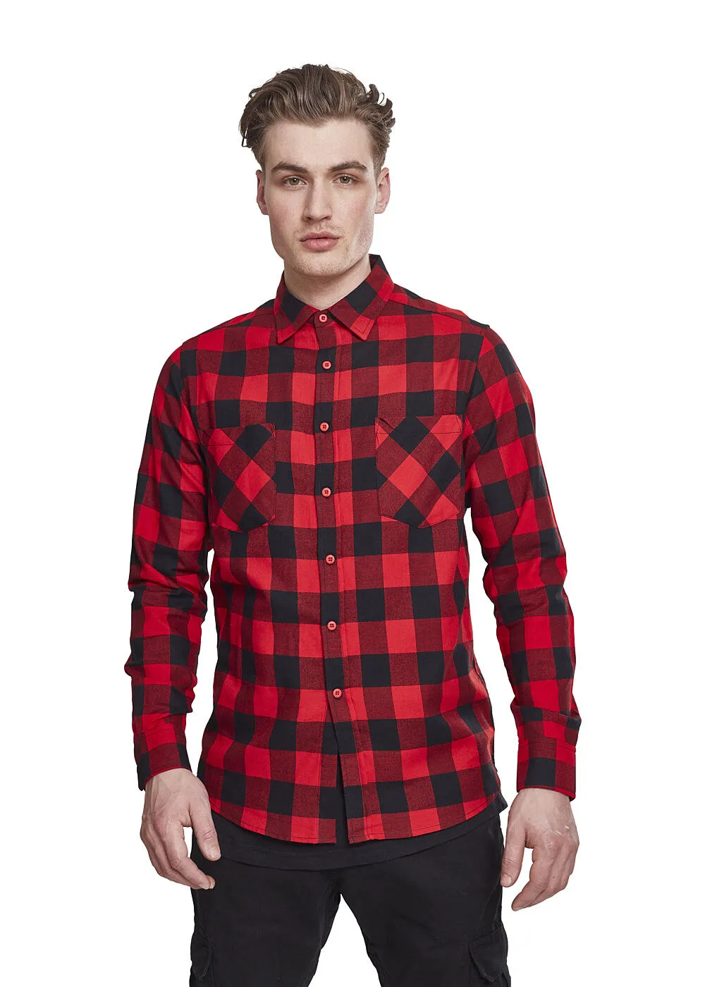 Urban Classics Heren geruit flanellen overhemd met twee borstzakken zwart  rood